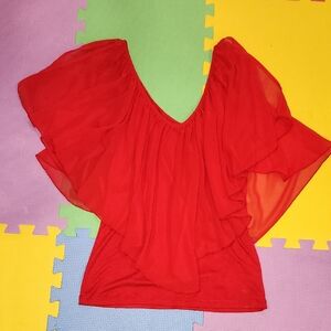 VENUS Vibrant Red Blouse With chiffon Drape Over Top, Size Medium,  Like New